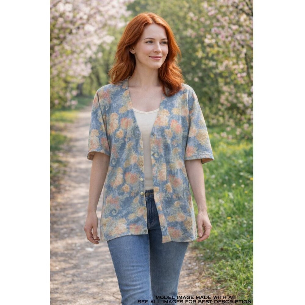 Y2K Gabriella T Linen Blend Cardigan L Floral Coastal Romantic Pastels Italy